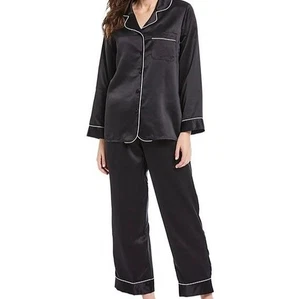 NWT Cabernet Woman Black Solid Contrast Piping Coordinating Satin Pajama Set 3X - Picture 1 of 21