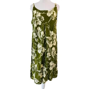 Womens Iolani Hawaii Vintage Size L Green Floral Sun Dress Tropical Resort Beach - Picture 1 of 16