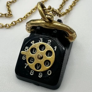 Collana ciondolo vintage tono oro nero articolato telefono rotante I LOVE U - Foto 1 di 8