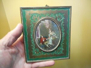 antique miniature Victorian parlor scene painting, in fancy metal frame