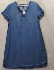 Gap Shirt Dress Womens Small Blue Denim Lyocell Short Sleeve Round Neck Lace Up - Picture 1 of 10