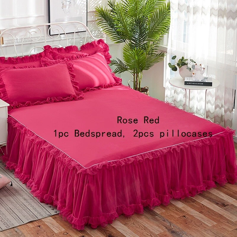 3PCS Bedspread Pillowcase Set Lace Ruffle Bed Skirt Pillow Cover Bedding Home - Image 1 of 4