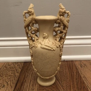 Vintage Oriental Vase With Two Birds Sitting Carving Ivory Soap Stone ? - Picture 1 of 14