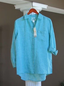 C&C California Turquoise 100% Linen Button Down Shirt Tunic Top Shirt Sz S NWT - Picture 1 of 3