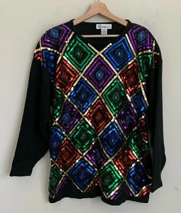 Essence Vintage schwarzer Pullover Pailletten vorne mehrfarbig Design 3/4 Ärmel Größe 1X - Bild 1 von 6
