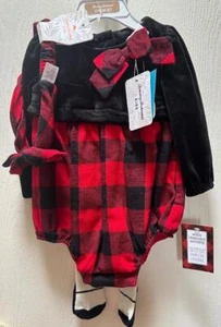 Christmas Baby Girl 3 pc Outfit Romper Tights Headband Red Black 3-6mo NWOT - Picture 1 of 7