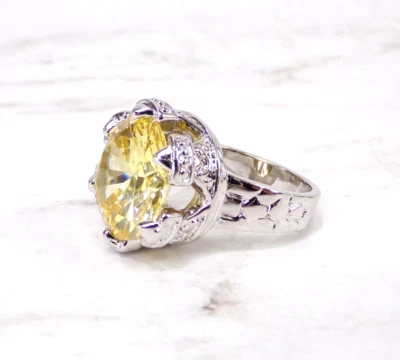 Большой желтый круглый кубический цирконий камень кольцо в королевской короне серебряный комплект новый - Изображение 1 из 4