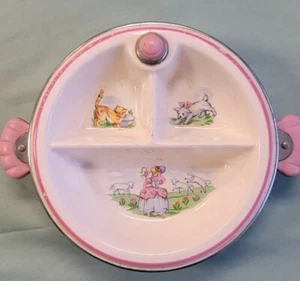 1944 Bartsch Divided Baby Water Warming Dish Pink Chrome Plated with Lil Bo Peep - Picture 1 of 2