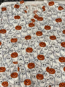 Peaches Womens Halloween Scrub Top Sz XL Large Black Orange Pumpkins Ghosts - Picture 1 of 6