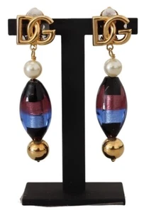 NWT DOLCE & GABBANA Earrings Dangling Gold Plated Brass Glass Design Jewelry - Picture 1 of 7