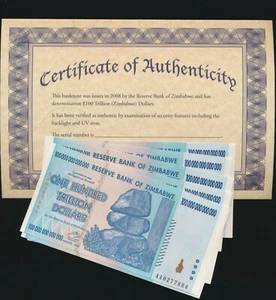 Zimbabwe 100 TRILLION DOLLAR BILL AA/2008 uncirculated 100% CoA genuine - Picture 1 of 4