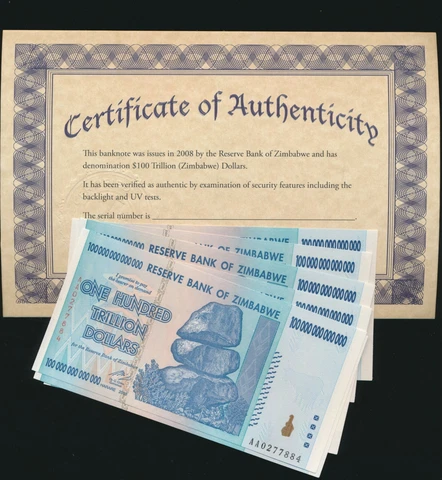 Zimbabwe 100 TRILLION DOLLAR BILL AA/2008 uncirculated 100% CoA genuine Cover