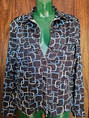 Camisa vintage anos 90 Y2k botão para cima tamanho M cor poliéster preto azul padrão branco omg!! - Imagem 1 de 4
