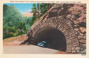The Highway That Tunnels Mountains in Great Smoky Mtns TN Vintage Linen PC - Picture 1 of 2