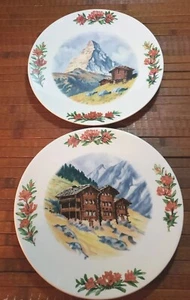 Sarreguemines Set 2 Plates Wall Hanging Floral Mountain Scene France French Alps - Picture 1 of 6