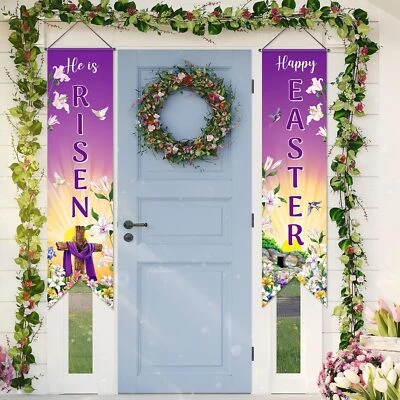 Happy Easter He Is Risen Door Banner Jesus Cross Religious Party Decor Backdrop - Image 1 of 4