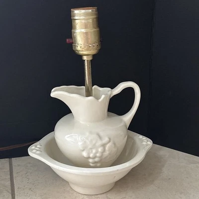 Vintage Lamp Pitcher Wash Bowl Basin Off White Grape Rustic Farmhouse Cottage - Image 1 of 4