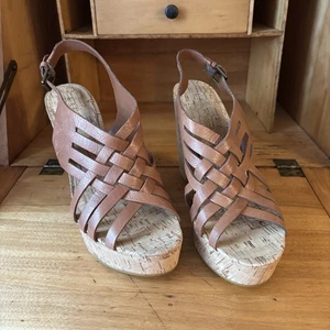 Ralph Lauren Hallie braune Riemchen Leder Größe 9B Sandalen Korkabsatz - Bild 1 von 9