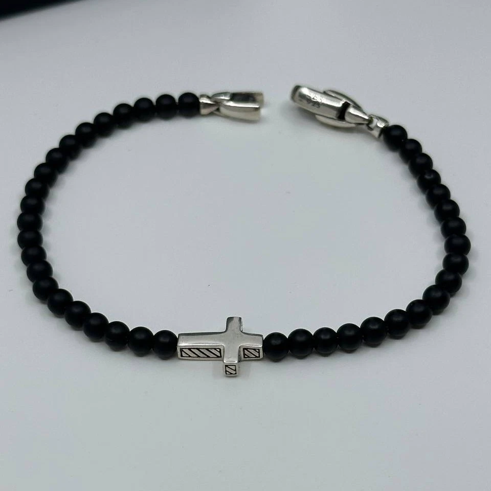 Auténtico DAVID YURMAN Hombre Negro Ónix Cuentas Cruz Pulsera Foto 1 de 4