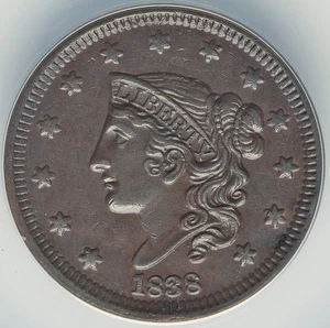 1838 Coronet Large Cent - ANACS AU55 - EXTREMELY ATTRACTIVE - LOOKS CLOSE TO UNC - Picture 1 of 4