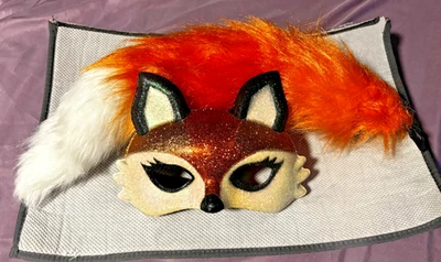 Furry Fox Tail Orange White Costume Accessory w/ Glittery Fox Masquerade Mask - Image 1 of 4