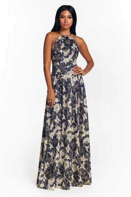 Betsy & Adam Petite Floral Halter-Neck Gown Navy/Gold Floral Size 2P Maxi Long - Image 1 of 4