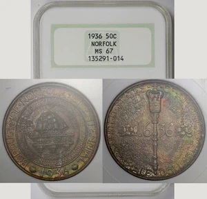 1936 Norfolk Silver Commemorative 50C MS 67 NGC Old Fatty Holder Toned - Picture 1 of 7