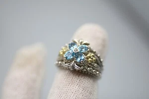 Barbara Bixby blue topaz Lotus Flower Sterling Silver 18K Gold Ring Size 8 - Picture 1 of 6