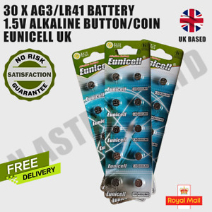 30 X AG3/LR41 Battery 1.5v Alkaline button/coin Eunicell UK