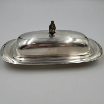Plato de mantequilla de plata Wm Rogers de colección MCM remate de piña e inserto de vidrio #987 Foto 1 de 4