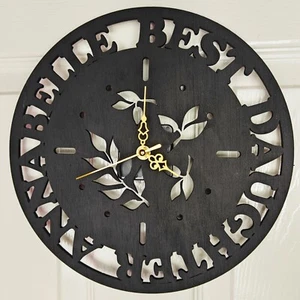 black personalised laser cut engraved wood wooden clock name word number letter - Picture 1 of 3