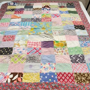 handmade lap quilt floral pink blue feedsack cotton rustic primitive 44x49 - Picture 1 of 14