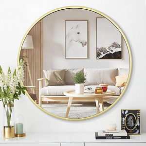 round Wall Mirror Gold 16 Inch -Circular Metal Framed Wall Mounted Mirror, Hangi