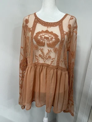 Túnica Top De Colección Grande Melocotón Transparente Bordado Encaje Festival Boho Bruja Romántico Foto 1 de 4