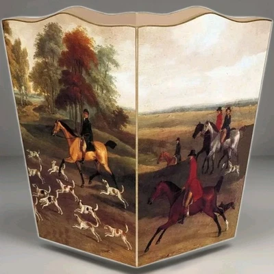 MARYE-KELLEY English Fox Hunt Scene Hand Made Wooden Wastepaper Basket-USA made - Image 1 of 2