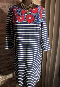 Talbots Petite Blue White Stripe Red Floral Knit 3/4 Sleeve 100% Cotton Dress MP - Picture 1 of 7