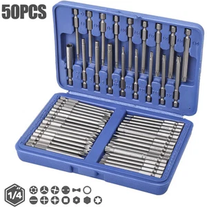 50Pcs Extra Long Security Bits Hex Torx Star Spline Flat Screwdriver Bit Box Set