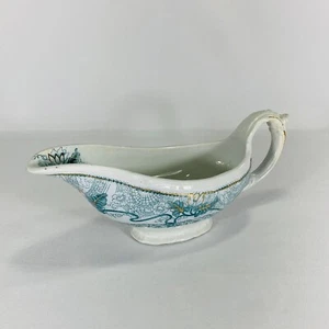 New Wharf Pottery England Gravy Boat Teal Floral Gold - Picture 1 of 11
