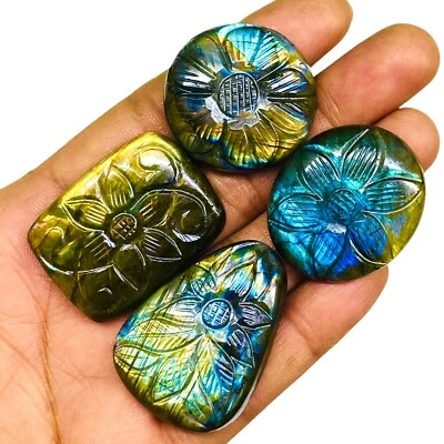 4 Pcs Natural Labradorite 30.5-39.5mm Huge Pendant Size Carved Loose Gemstones - Image 1 of 4