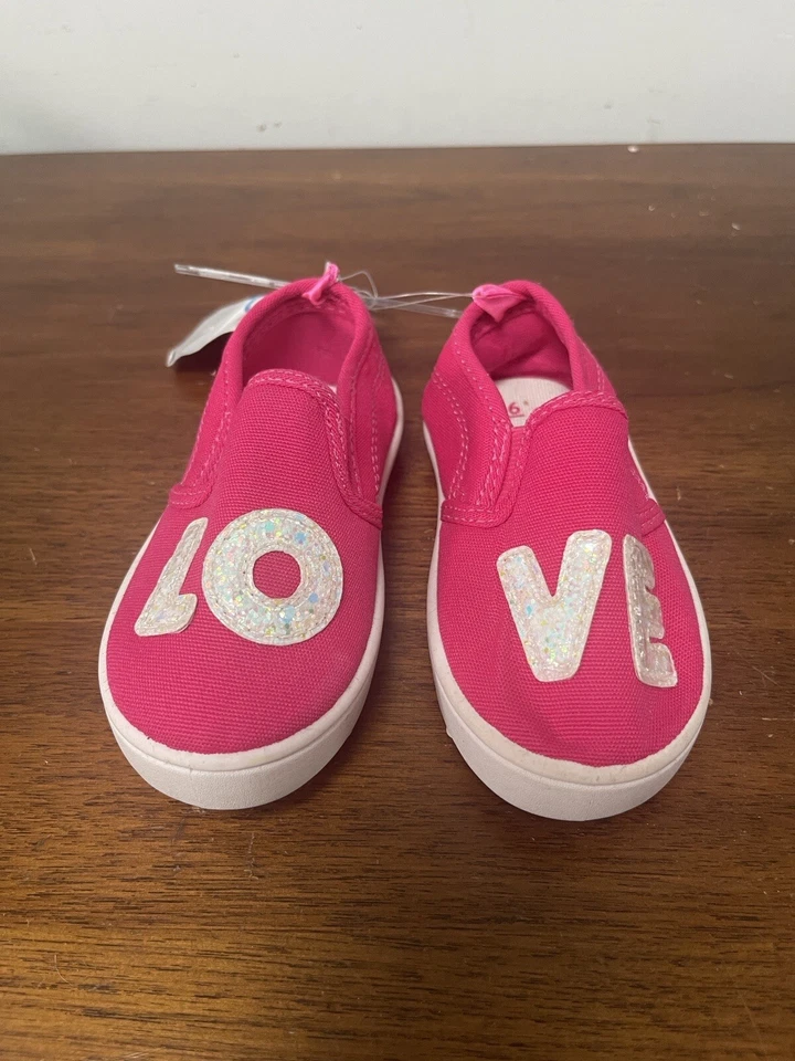 Zapatos sin cordones elásticos de lona con brillo Love rosa intenso talla 6 de Carter's para niñas pequeñas Foto 1 de 4