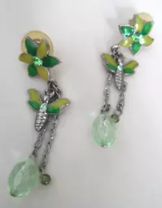 Vintage Earrings - PIERCED SILVERTONE DANGLE w/ENAMEL FLOWER & BUTTERFLY - Picture 1 of 2