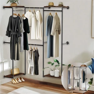 Industriell Kleiderstange Wand mit Regalen Wandmontage Garderobe 2 Installation - Bild 1 von 12