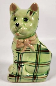 Vintage Cat Kitten Planter Pot Ceramic 5.5"H Unique Green Plaid SWEET! A49 - Picture 1 of 8