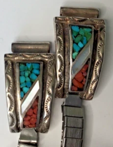 STERLING SILVER TURQUOISE & CORAL WATCH BAND TIPS - Will Fit 12mm Watch lugs - Picture 1 of 9