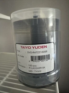 100 ORGINAL Taiyo Yuden DVD-R, Lacquer 8X, TYG02, Made in Japan, FREE SHIP - Picture 1 of 1