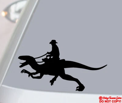 COWBOY RIDING RAPTOR DINOSAUR Vinyl Decal Sticker Car Window Bumper VELOCIRAPTOR - Image 1 of 4