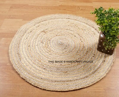 2 ft Round Indian Natural Jute Chindi Sisal Woven Area Braided Rug Brown Silver - Image 1 of 3
