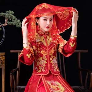 Red Bridal Veil Semi-Transparent Head Veil Chinese Wedding Embroidery Shiny Chic - Picture 1 of 12