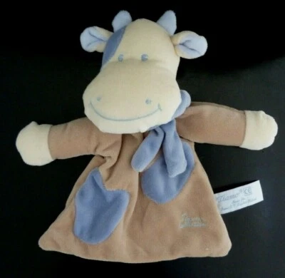*. Doudou plat TIAMO Collection VACHE BEIGE ECHARPE  TACHE BLEU GRELOT  TBE - Photo 1/4