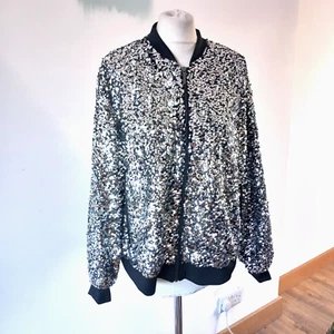 Marks & Spencer Silver Sequin Bomber Jacket 20 UK Disco Cruise Party BNWT RRP 79 - Picture 1 of 14